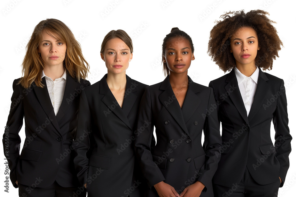 Group of young women wearing black and white business suits isolated on transparent background Group of young women wearing black and white business suits isolated on transparent background