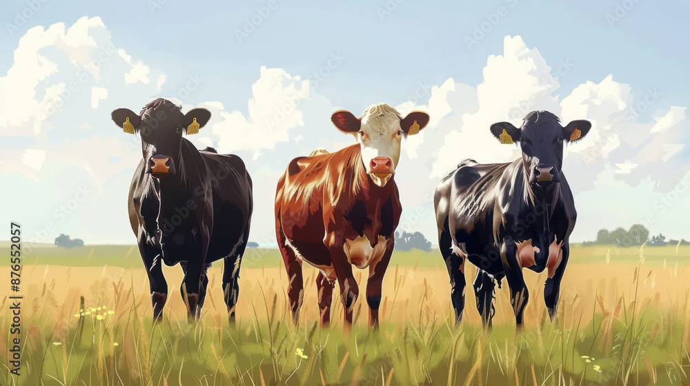 Three cows standing side by side in a grassy field under a bright blue sky with fluffy clouds. Three cows standing side by side in a grassy field under a bright blue sky with fluffy clouds.