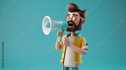 3D illustration of cartoon man holding a megaphone. Blogger character announcing over the loudspeaker by raising his knuckle through phone. Advertising share concept. Vector 3d