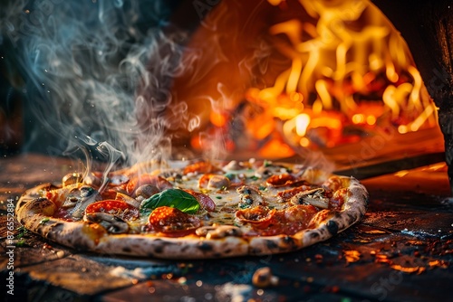 Beautiful and delicious pizza coming out of the oven, fresh and hot. Perfect for themes of food, cooking, and Italian cuisine photo