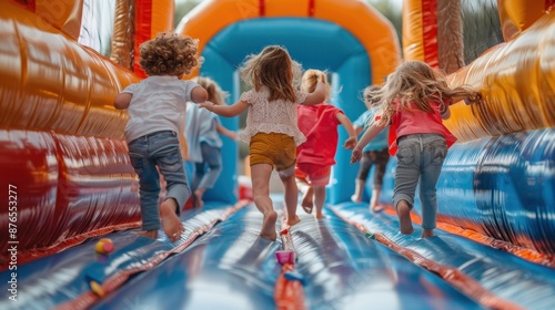 Children having fun playing jumping in a colorful bouncy castle or bounce house.  People lifestyle photo. 