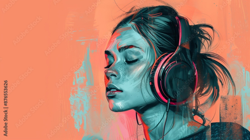 Fototapeta premium Young caucasian woman with closed eyes listening to music through large headphones, illustrated in a vibrant, abstract style with a warm orange background