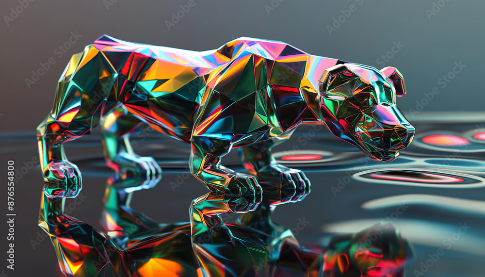 Futuristic digital artwork of a dog made of multicolored geometric shapes, standing on a reflective surface, with a dark background. Futuristic digital artwork of a dog made of multicolored geometric shapes, standing on a reflective surface, with a dark background.