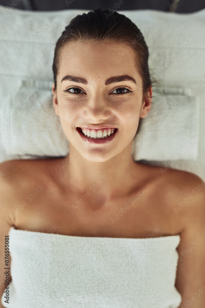 Portrait, massage and woman in spa for relax, calm and treatment for client in resort Towel, face or lymphatic drainage in salon by female person, facial or stress relief for cosmetic therapy service Portrait, massage and woman in spa for relax, calm and treatment for client in resort Towel, face or lymphatic drainage in salon by female person, facial or stress relief for cosmetic therapy service