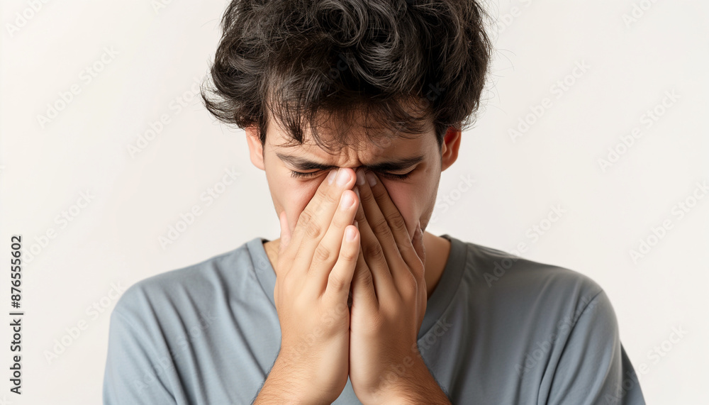 Man covering his face with both hands, showing a sad or stressed expression, wearing a grey shirt, isolated on a white background. Man covering his face with both hands, showing a sad or stressed expression, wearing a grey shirt, isolated on a white background.