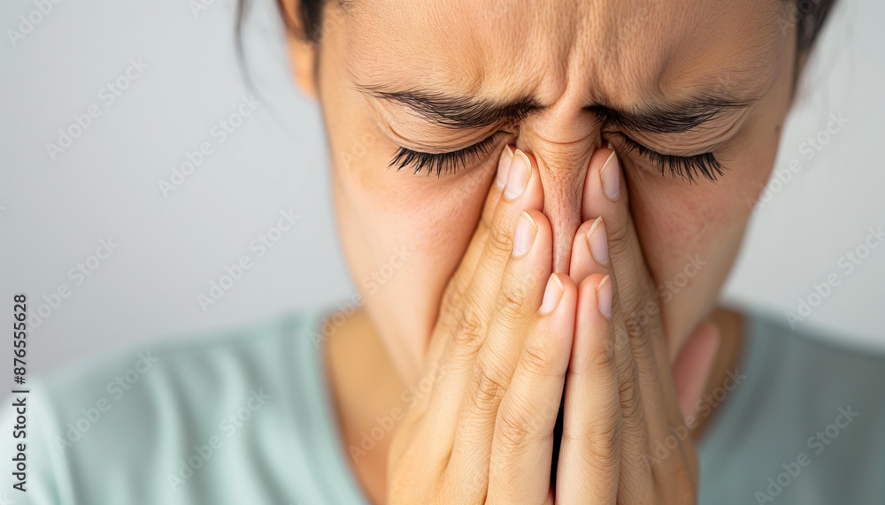 Close-up of a woman with her eyes closed, pinching her nose, showing a disgusted expression, wearing a green shirt. Close-up of a woman with her eyes closed, pinching her nose, showing a disgusted expression, wearing a green shirt.
