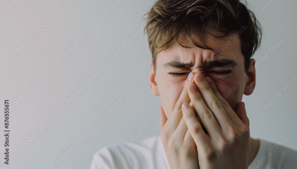 Young man covering his nose with both hands, showing a disgusted expression, wearing a white shirt, isolated on a white background. Young man covering his nose with both hands, showing a disgusted expression, wearing a white shirt, isolated on a white background.