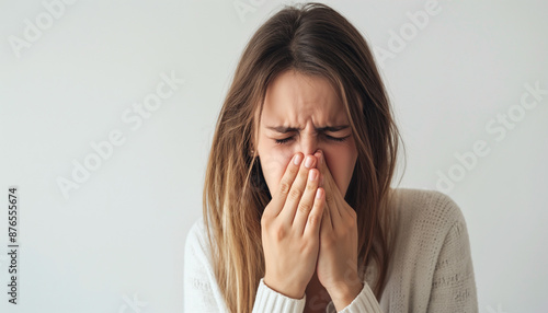 Wallpaper Mural Woman covering her nose with both hands, showing a disgusted expression, wearing a white sweater, isolated on a white background. Torontodigital.ca