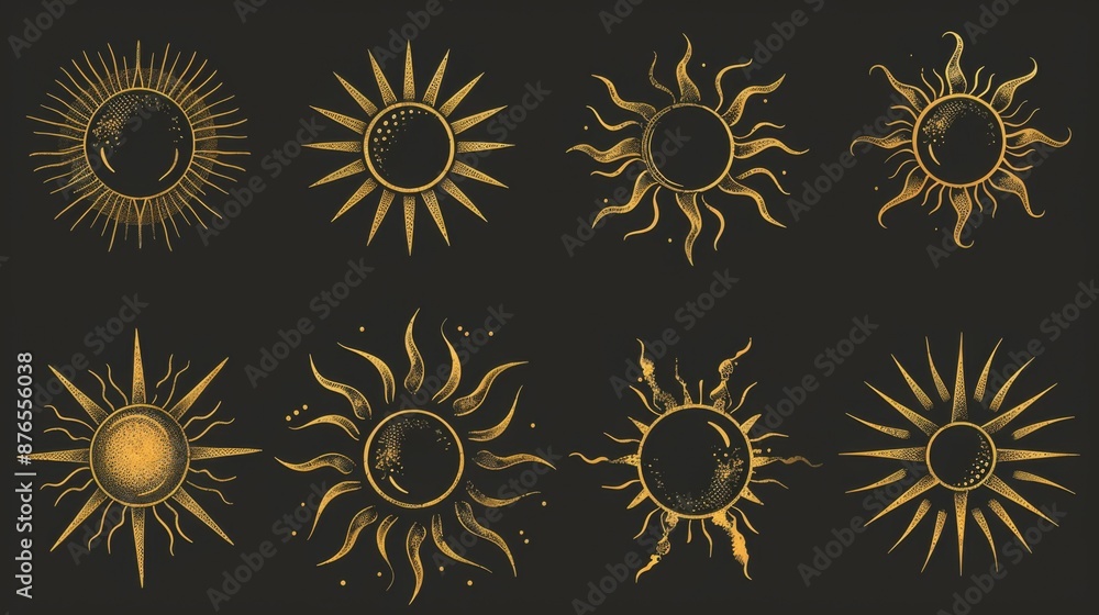 Set of eight golden sun illustrations with intricate detailing set against a black background, emphasizing rich, warm hues and varying artistic styles for a striking visual impact. Set of eight golden sun illustrations with intricate detailing set against a black background, emphasizing rich, warm hues and varying artistic styles for a striking visual impact.
