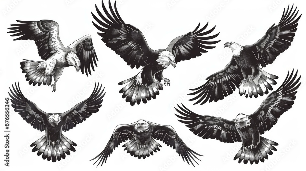 A set of six monochrome illustrations featuring eagles in various flight positions, capturing the essence of these majestic birds through detailed and artistic depictions. A set of six monochrome illustrations featuring eagles in various flight positions, capturing the essence of these majestic birds through detailed and artistic depictions.