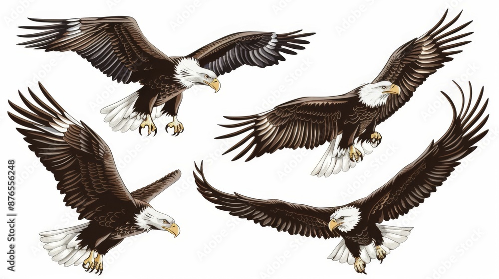 Fototapeta premium A collection of four eagles illustrated in flight, showcasing them from different angles. The detailed images highlight the birds' powerful wingspans and majestic presence.