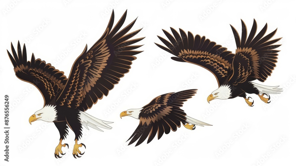 Obraz premium Three vibrant and detailed colored illustrations of eagles depicting two birds soaring and one descending, capturing their elegant and powerful nature in vivid hues.