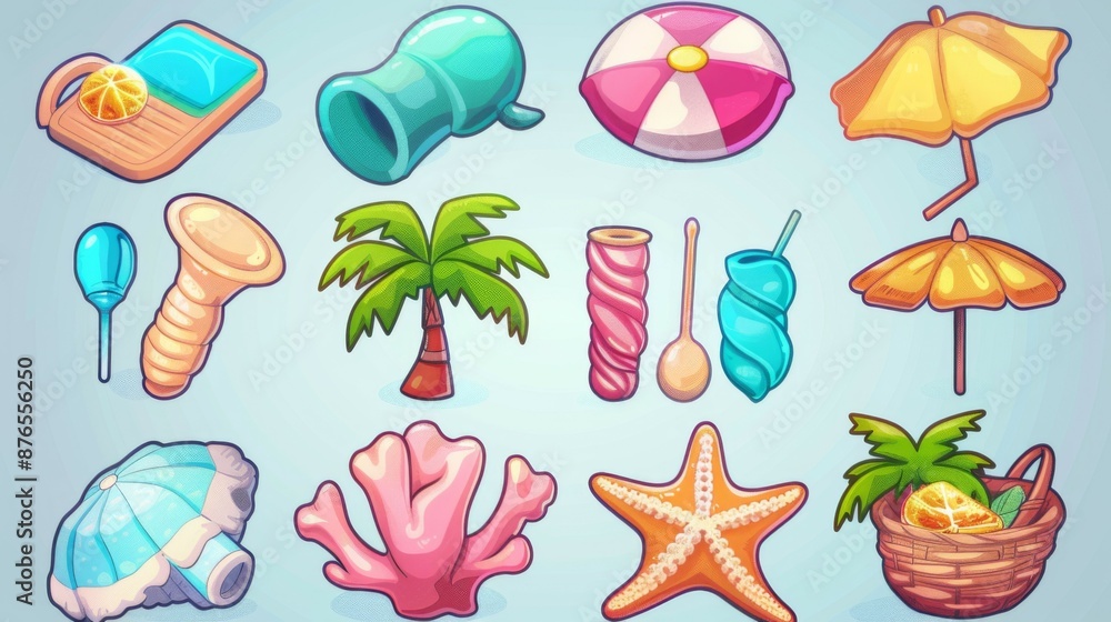 Fototapeta premium An assorted collection of summer-themed items, including beach accessories, palm trees, and sea creatures, ideal for vacation and leisure activities along the seaside.