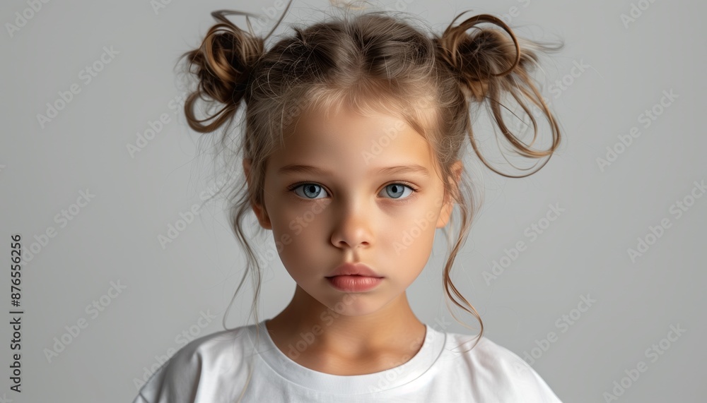 A young girl with brown hair styled in two messy buns stares directly at the camera. She is wearing a white t-shirt and is standing against a grey background. A young girl with brown hair styled in two messy buns stares directly at the camera. She is wearing a white t-shirt and is standing against a grey background.