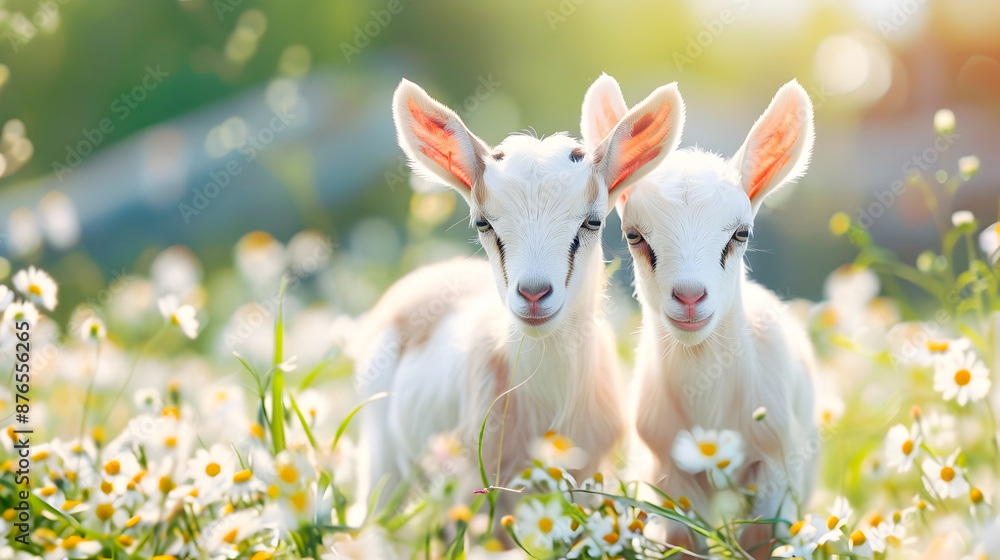 Two playful and adorable baby goats frolicking and exploring a lush flower filled meadow on a rural farm Two playful and adorable baby goats frolicking and exploring a lush flower filled meadow on a rural farm