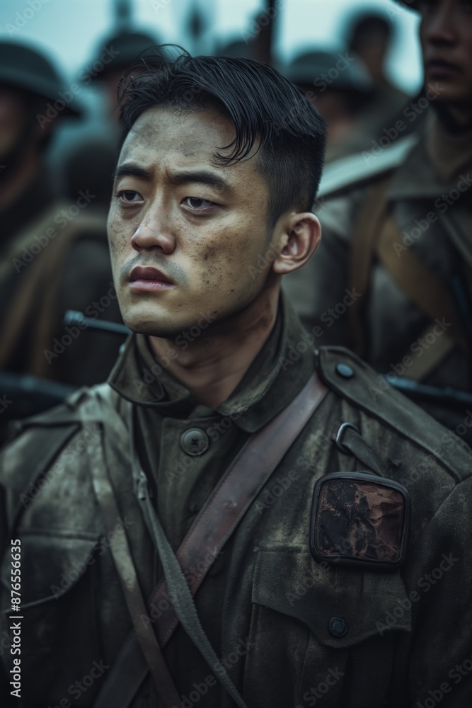 A young Chinese man, dressed in a military uniform, stands amidst a group of soldiers during World War II. His face reflects the hardship and determination of wartime. A young Chinese man, dressed in a military uniform, stands amidst a group of soldiers during World War II. His face reflects the hardship and determination of wartime.