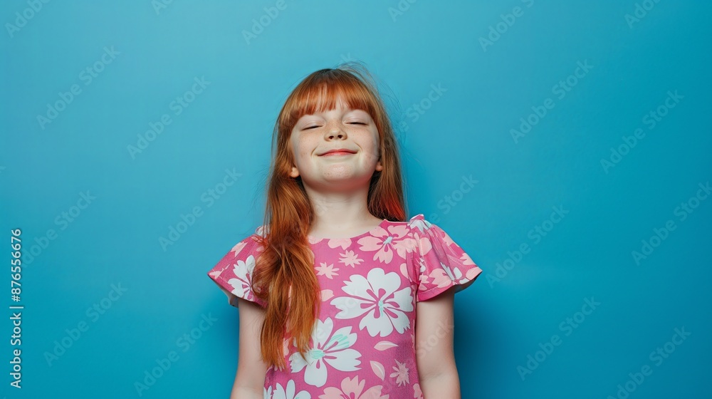 Red-haired girl in a pink floral dress against a blue background, showcasing vibrant youth and fashion. Red-haired girl in a pink floral dress against a blue background, showcasing vibrant youth and fashion.