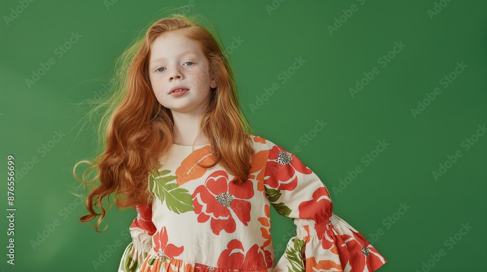 Red-haired girl in a floral dress standing against a green background, ideal for themes of youth and style Red-haired girl in a floral dress standing against a green background, ideal for themes of youth and style