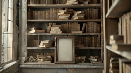 This image features a rustic library with aged wooden bookshelves, scattered books and papers, and a quiet, secluded reading nook beside a large window with natural light.