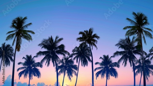 An image showcasing a row of tall palm trees standing majestically under a twilight sky, embodying the serene and tranquil beauty of tropical evenings.