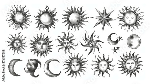 A beautiful array of charming celestial designs, featuring suns, moons, stars, and constellations in detailed black and white art. Perfect for artistic decor and tattoos. photo