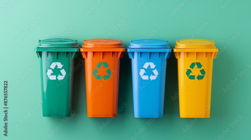 Recycling symbols and bins filled with sorted materials promoting recycling programs as a crucial part of reducing waste and conserving natural resources. Background Illustration, Bright color tones, Recycling symbols and bins filled with sorted materials promoting recycling programs as a crucial part of reducing waste and conserving natural resources. Background Illustration, Bright color tones,