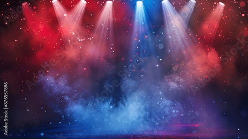 A dramatic scene featuring intense red and blue spotlights beaming down upon a foggy stage, creating a mysterious and captivating atmosphere perfect for performances.