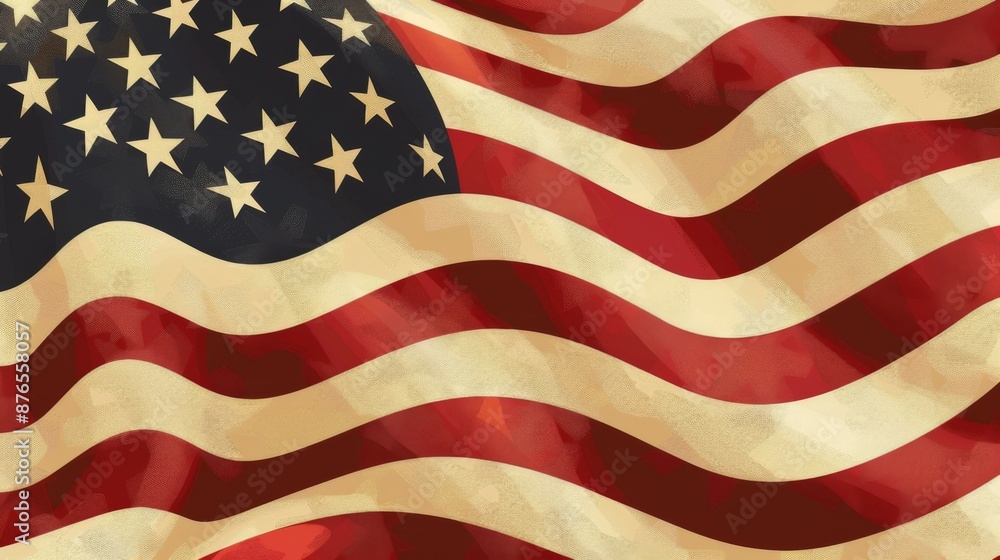 Fototapeta premium An illustration of the American flag with a vintage look, featuring faded red stripes and white stars on a blue background, evoking a sense of history and nostalgia.