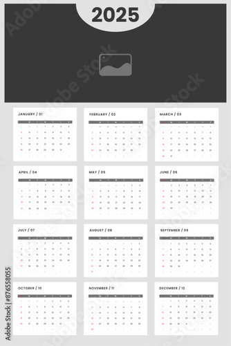 Minimalist modern 2025 wall calendar design. One page wall calendar template design ready to print for 2025 with editable image.