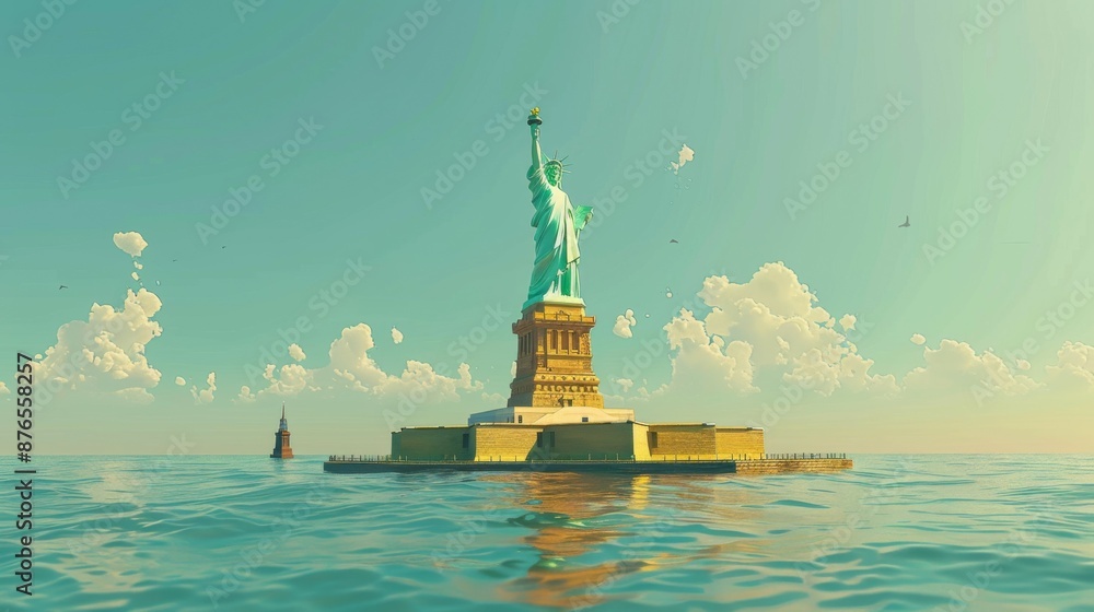 A picturesque digital rendering of the Statue of Liberty with a calm sea and serene sky, symbolizing peace and freedom, capturing the iconic landmark's grandeur elegantly. A picturesque digital rendering of the Statue of Liberty with a calm sea and serene sky, symbolizing peace and freedom, capturing the iconic landmark's grandeur elegantly.