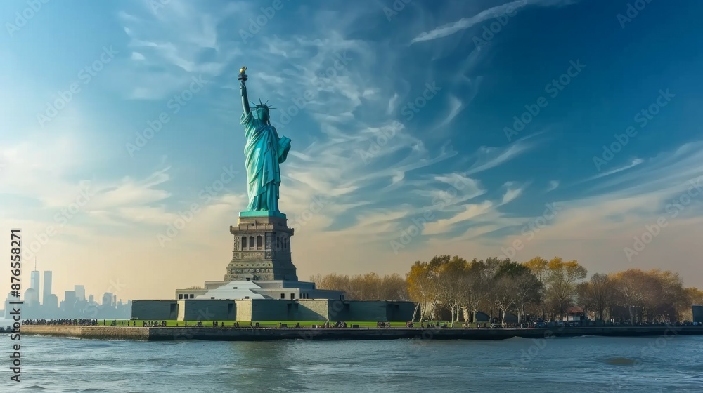 The Statue of Liberty standing tall with a vibrant blue sky and some wispy clouds in the background, emphasizing its grandeur and cultural significance. The Statue of Liberty standing tall with a vibrant blue sky and some wispy clouds in the background, emphasizing its grandeur and cultural significance.