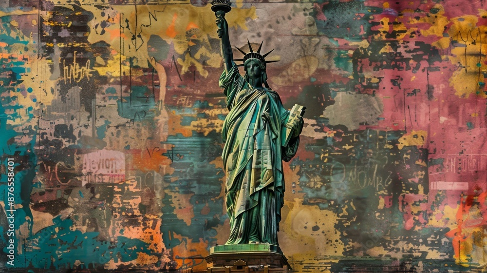 custom made wallpaper toronto digitalVivid graffiti art of the Statue of Liberty with a sprawling, colorful backdrop, embodying creativity, cultural expression, and the dynamic spirit of urban artistry.