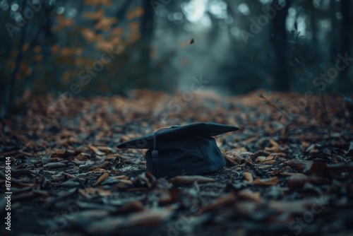 Forsaken academic cap on the ground, gloomy atmosphere, soft twilight, low angle shot