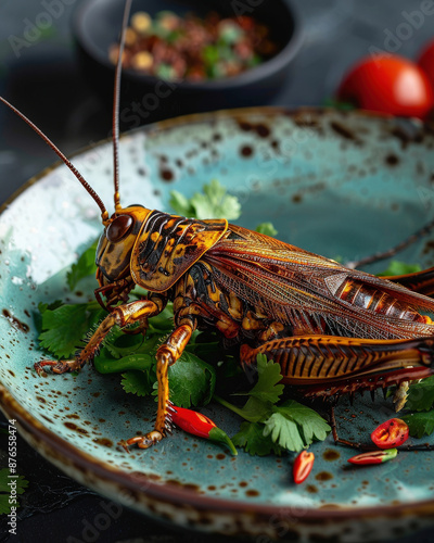 Giant fried grasshopper presented on a plate, Edible insects, Innovative and sustainable protein source, rich in nutrients, culinary adventure photo