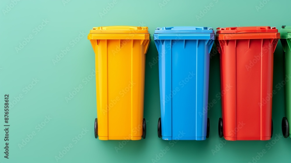 Recycling symbols and bins filled with sorted materials promoting recycling programs as a crucial part of reducing waste and conserving natural resources. Background Illustration, Bright color tones, Recycling symbols and bins filled with sorted materials promoting recycling programs as a crucial part of reducing waste and conserving natural resources. Background Illustration, Bright color tones,