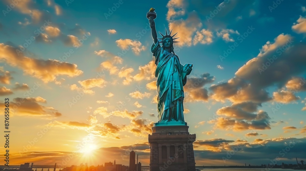 Fototapeta premium An upward perspective of the Statue of Liberty as the sun sets, illuminating the sky with vivid colors and highlighting the iconic symbol of freedom standing firm against the vibrant clouds.