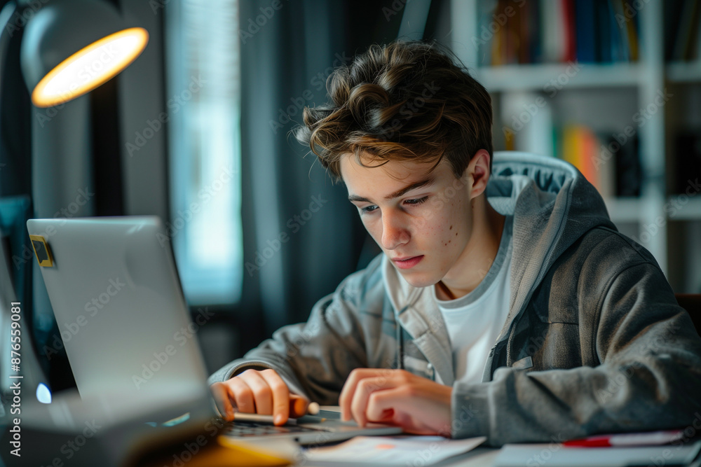 Teenager studying with a laptop for digital high school courses and e-learning Teenager studying with a laptop for digital high school courses and e-learning
