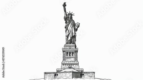 Detailed monochrome illustration depicting the iconic Statue of Liberty, showcasing its architectural grandeur and historical significance on Liberty Island in New York City.