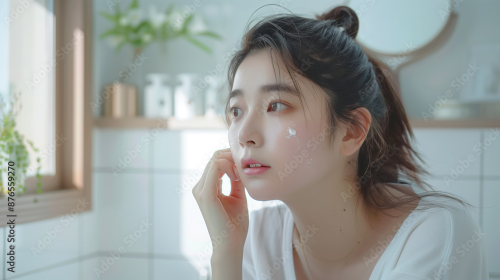 Young South Korean woman with clear skin looking at acne cream in bathroom Young South Korean woman with clear skin looking at acne cream in bathroom