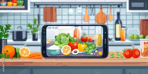 Focus A smartphone screen displaying a cooking tutorial with a mouthwatering dishBackground blurred A brightly lit kitchen with fresh ingredients laid out on a counter photo