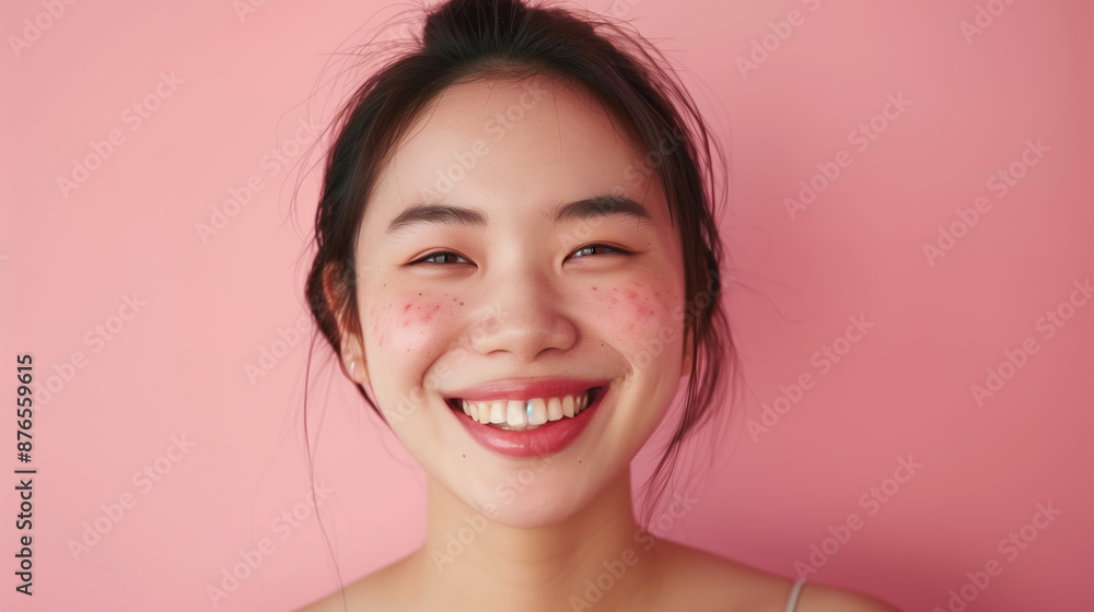 Smiling South Korean woman with acne scars, embracing natural beauty Smiling South Korean woman with acne scars, embracing natural beauty