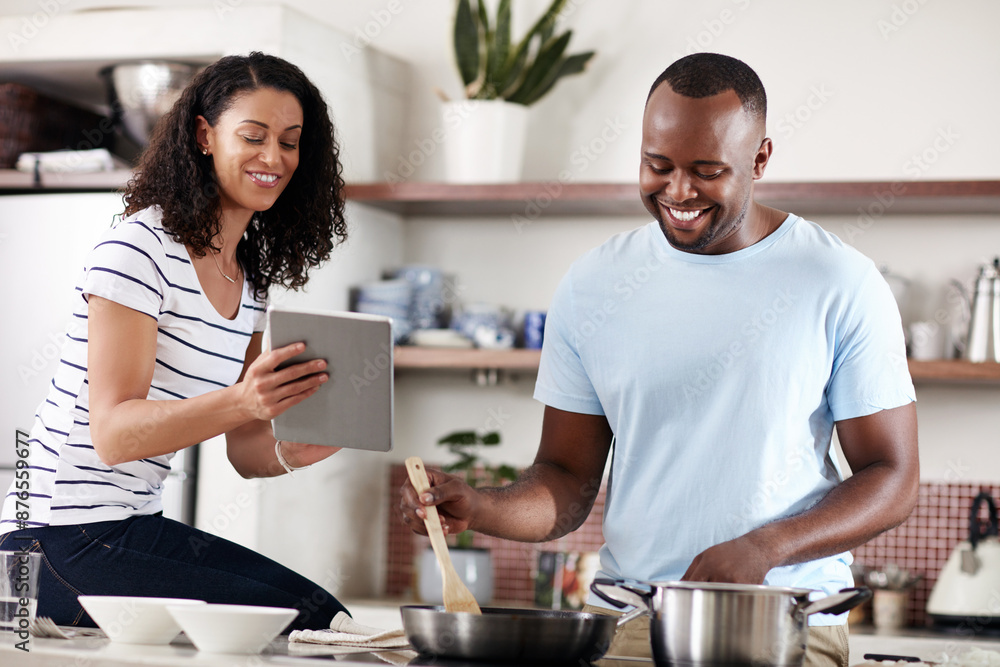 Home, kitchen and happy couple with tablet for cooking, recipe web and instructions of food dish. African people, man cook and woman with digital for online ingredients, scroll and love in house Home, kitchen and happy couple with tablet for cooking, recipe web and instructions of food dish. African people, man cook and woman with digital for online ingredients, scroll and love in house