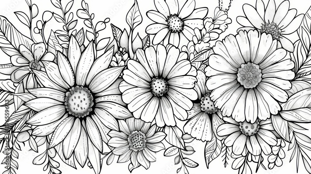 custom made wallpaper toronto digitalHighly detailed black and white line art sketch of various flowers arranged together, focusing on elegant patterns and forms within the floral compositions, offering a calming view.