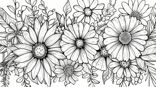Wallpaper Mural Highly detailed black and white line art sketch of various flowers arranged together, focusing on elegant patterns and forms within the floral compositions, offering a calming view. Torontodigital.ca
