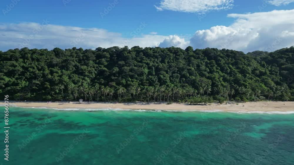 Aerial view of a beautiful quiet tropical sandy beach, Puka Shell Beach, Boracay island, Philippines, 4k Aerial view of a beautiful quiet tropical sandy beach, Puka Shell Beach, Boracay island, Philippines, 4k