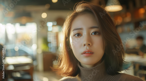 Portrait of Young South Korean Woman with Mild Acne in Natural Sunlight at Cozy Coffee Shop