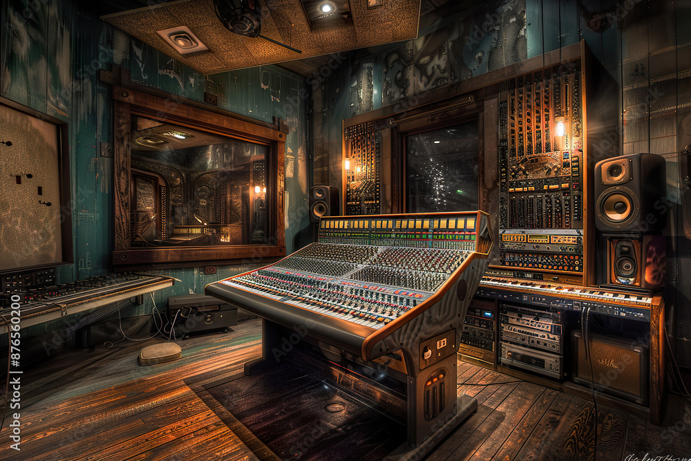 A large room with a blue ceiling and a large sound board, generative ai image. A large room with a blue ceiling and a large sound board, generative ai image.