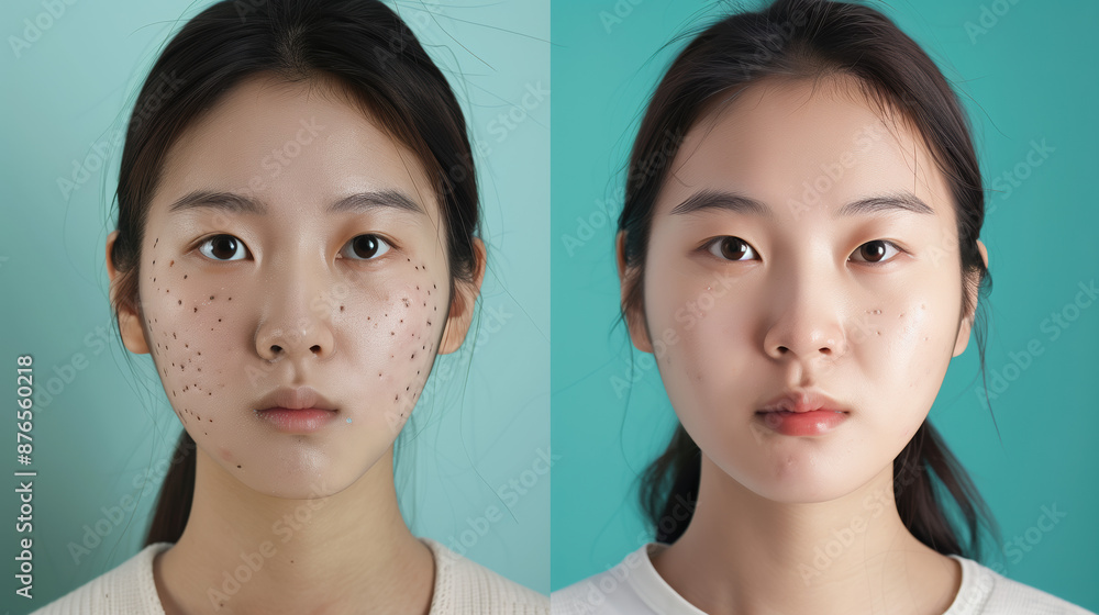 Transformation of South Korean Woman with Acne Before and After Skincare Treatment in Modern Clinic Background, Healthy Skin Advertisement Transformation of South Korean Woman with Acne Before and After Skincare Treatment in Modern Clinic Background, Healthy Skin Advertisement
