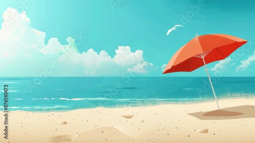 A bright red umbrella stands on a sandy beach, offering shade by the calm turquoise sea, depicted in a beautiful, clear-sky day illustration perfect for relaxation.
