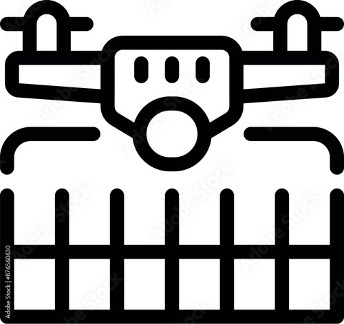 Line icon of a drone with camera scanning a prison, representing the concept of prison surveillance technology